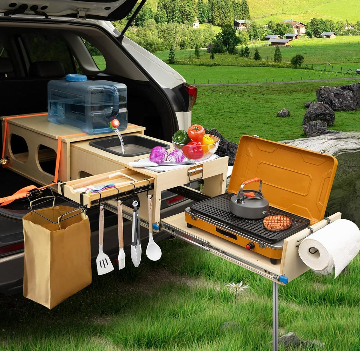 Ultimate Land Kitchen - A camping kitchen kit that combines functions of washing, chopping and cooking - Can be assembled in just 30 seconds - Perfect for land expeditions!