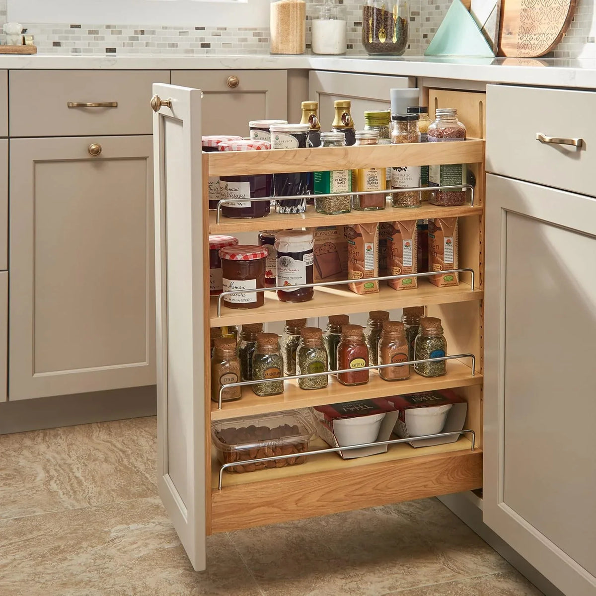 Retractable storage rack, suitable for kitchen/bathroom cabinets, equipped with soft-closing fully telescopic rails and adjustable shelves