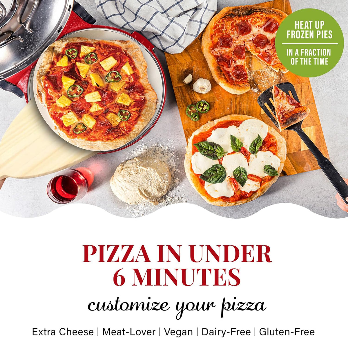 Pizza oven, with pizza cutter and dough roller, 12-inch portable indoor electric oven, 12-inch indoor pizza oven