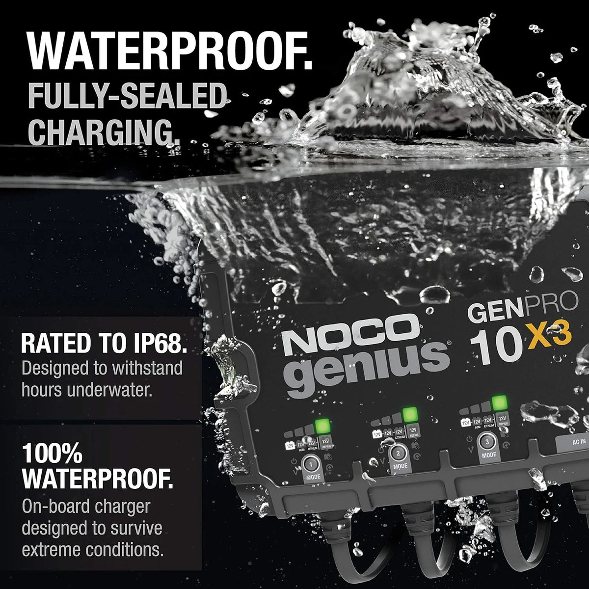 Three sets of batteries, 30-ampere built-in battery charger - Each set consists of 10-ampere, 12-volt waterproof marine charger, featuring overcharge protection and temperature compensation functions - Suitable for lead-acid batteries and lithium bat