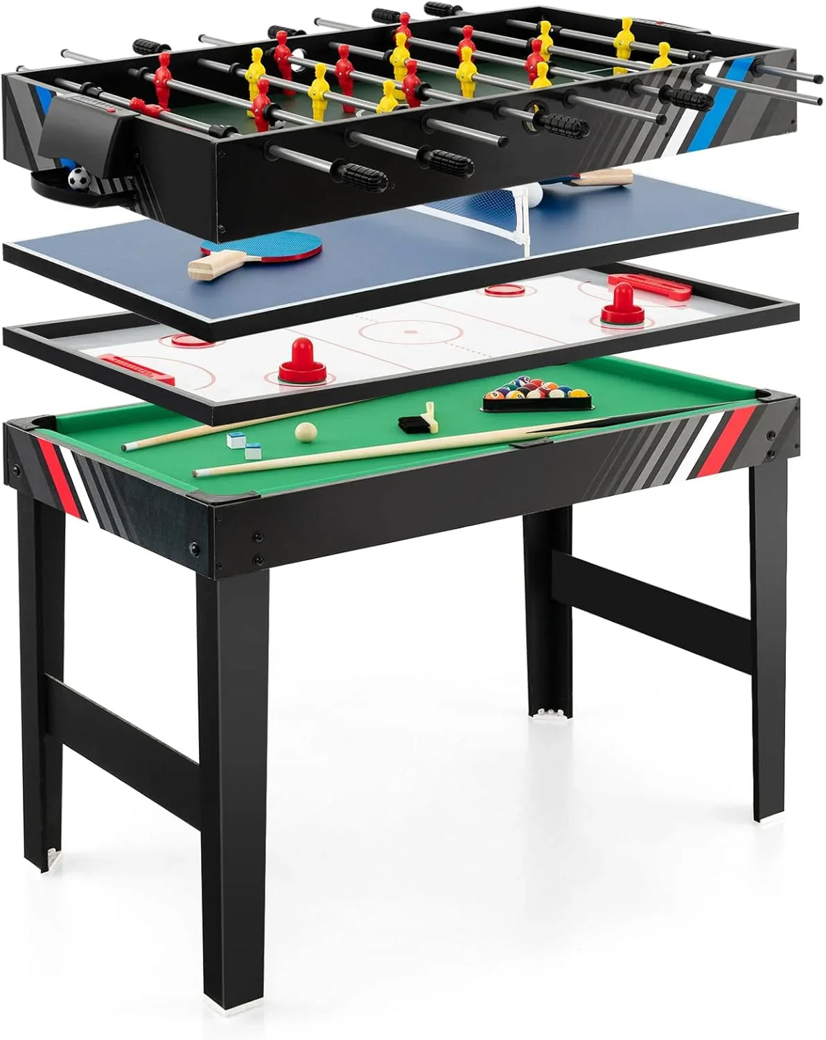 The multi-functional game table integrates a football table, a billiards table, an air curling table and a table tennis table. It is an ideal combination game table for a family game room.