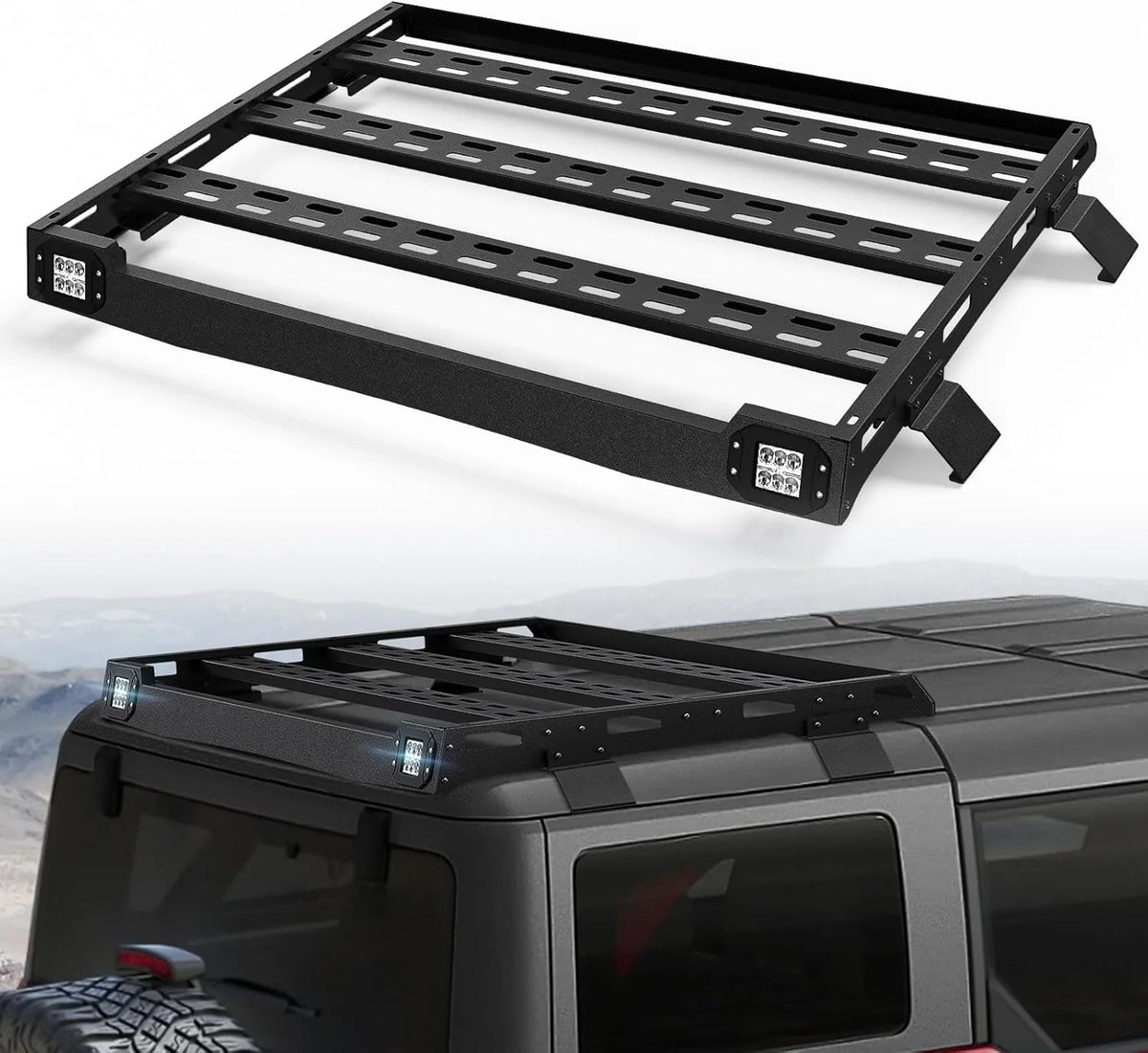Full Size Roof Rack Cargo Basket Compatible with 2010-2024 4Runner 5th Gen with 4 Lights, Overland Rooftop Luggage Storage Holder, Platform Style Cargo Carrier for Outdoors Gear