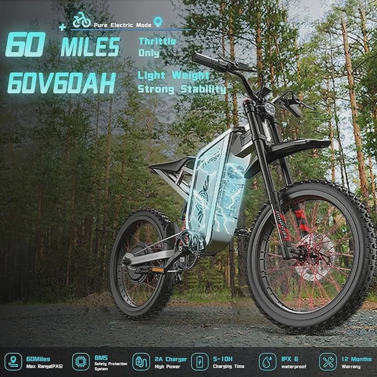 6000W(Peak) Motor 60V/30Ah Battery Freego X2Pro Electric Motorcycle for Adults, Electric Bike,50MPH/7 Speed Off Road Electric Bicycle,19 x 2 Full...