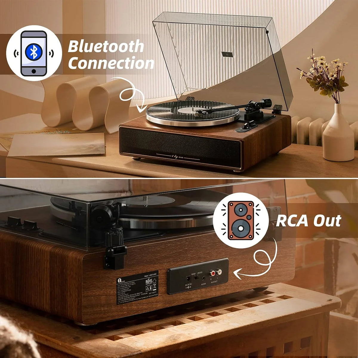 High Fidelity Belt Drive Turntable with Built-in Speakers, Vinyl Record Player with Magnetic Cartridge, Wireless Playback and Aux-in Functionality, Auto Off