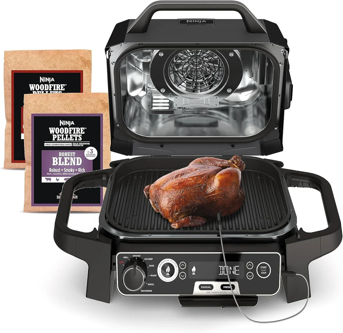7-in-1 Multi-functional (Barbecue, Slow Roast, Bake, Air Fry, Dehydration, Grill, Smoking) | Portable and highly weather-resistant | Capable of cooking up to 6 steaks and 30 hot dogs | Includes wood pellet fuel