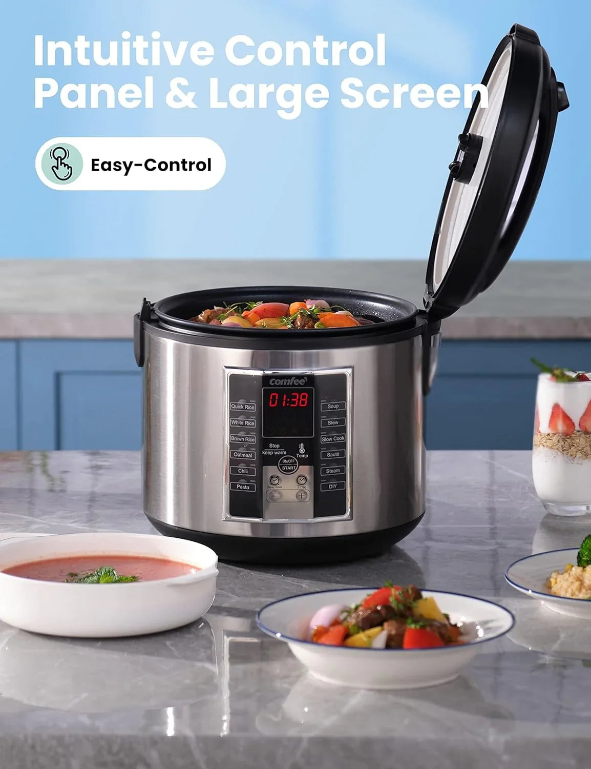 Compact electric rice cooker, 6-in-1 stainless steel multi-functional cooking utensil, slow cooker, steamer, frying pan, heater and warmer, 2-gallon capacity (8 cups cooked, 4 cups uncooked), suitable for brown rice, quinoa and oats, 6 one-button pro