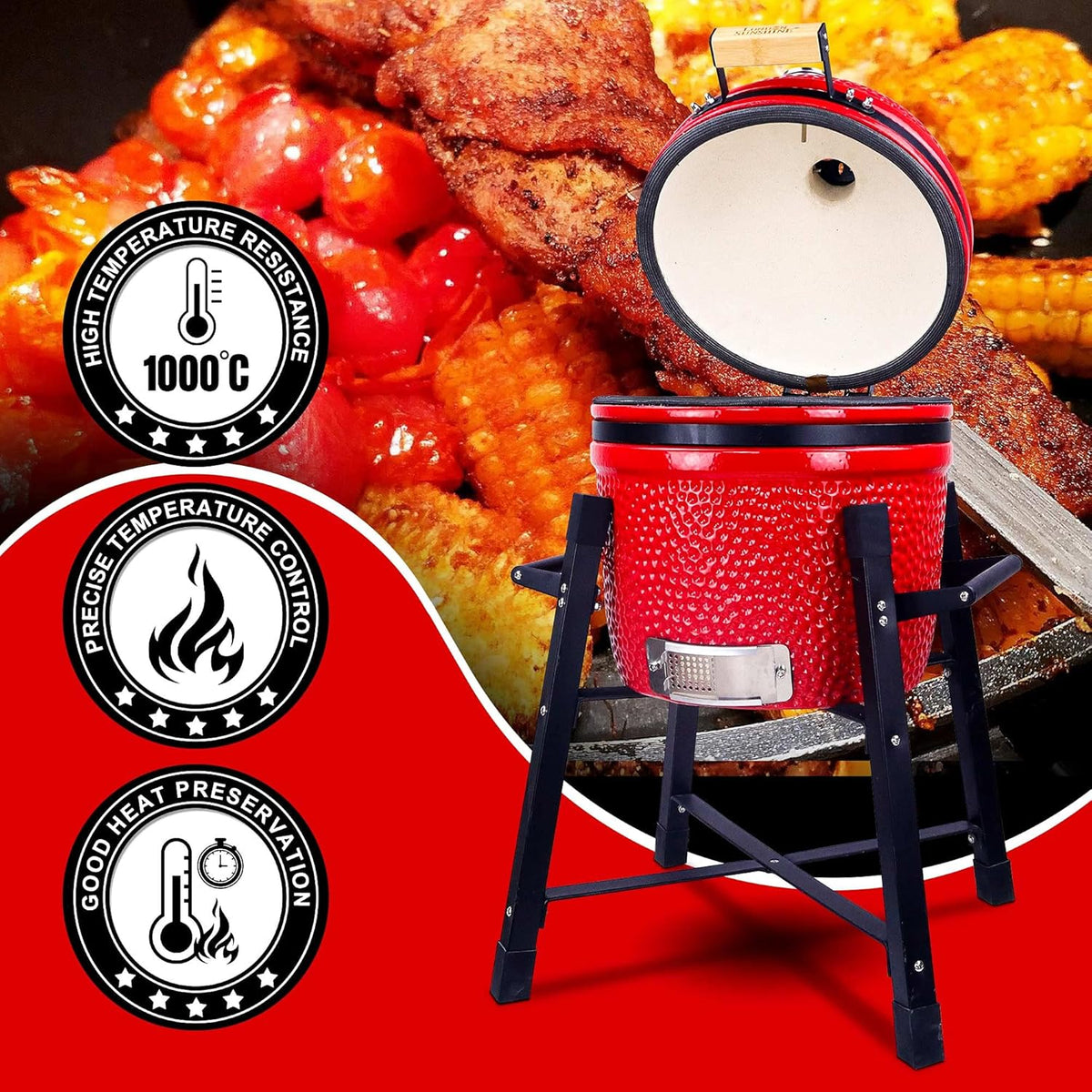 Ceramic Kamado Charcoal BBQ Grill and Smoker, Stainless Steel Grates -15" Ceramic with Tall Stand (GREEN)
