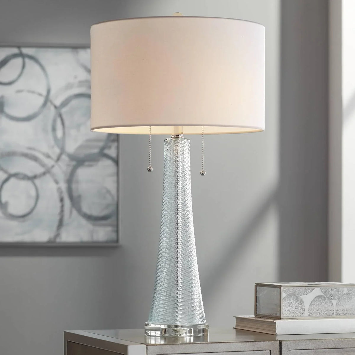 Modern desk lamp, 28.5 inches high, 2 sets. Features a sky-blue textured glass lampshade and a white cylindrical lampshade with a vortex pattern. Suitable room, bedroom, bedside table, night light, office, and home use.