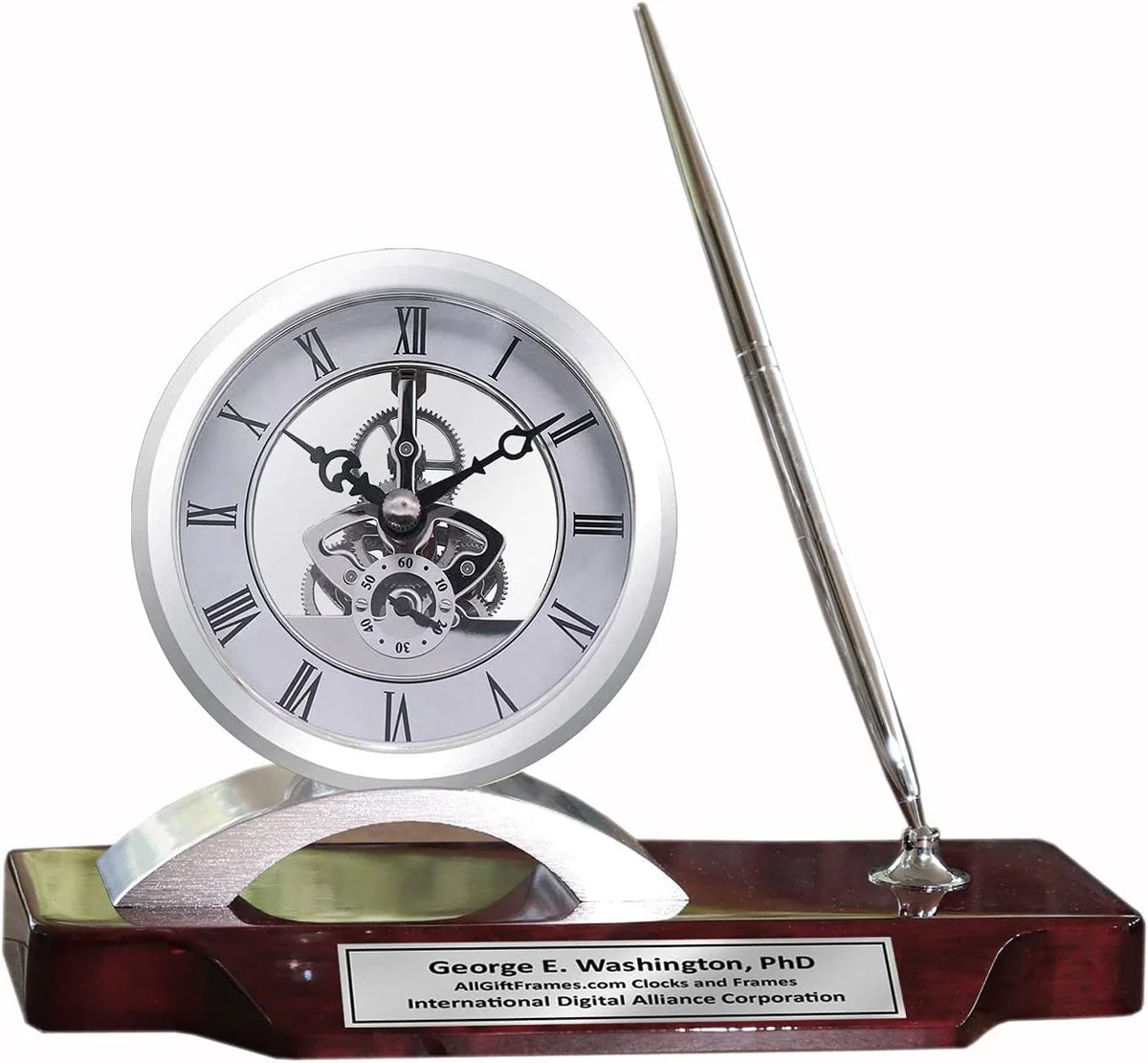Desk clock, pen set, personalized, unique, silver clock, clear transparent case, gears, da Vinci, timepiece display, metal pen set, wooden desk stand, desk accessories, office, modern home, engraving