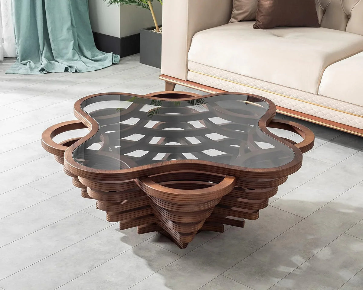 Design a modern coffee table - natural walnut veneer, tempered glass tabletop, layered wave shape, rustic wood, modern living room table, luxurious home and office decoration, central table in the living room.