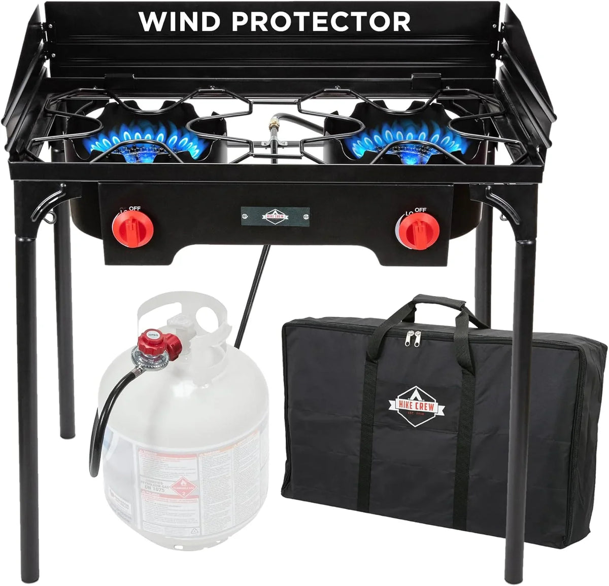 Dual-burner outdoor gas stove | 150,000 British thermal units portable propane stove, with blue flame control, detachable legs, temperature control knob, windproof panel, hose, regulator and storage box
