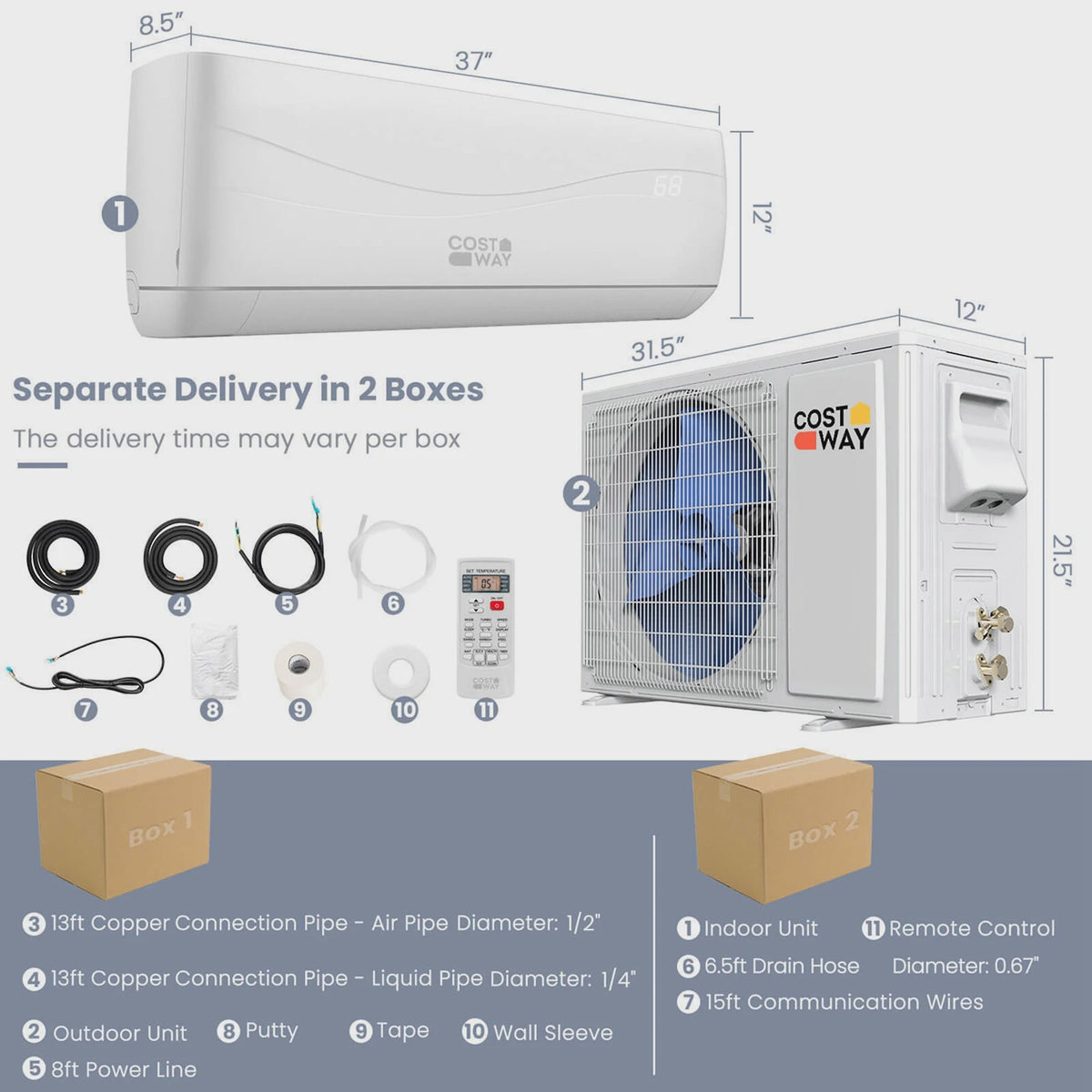 18000 BTU Mini Split Air Conditioner Heater 19 SEER2 1250 Sq. Ft Coverage