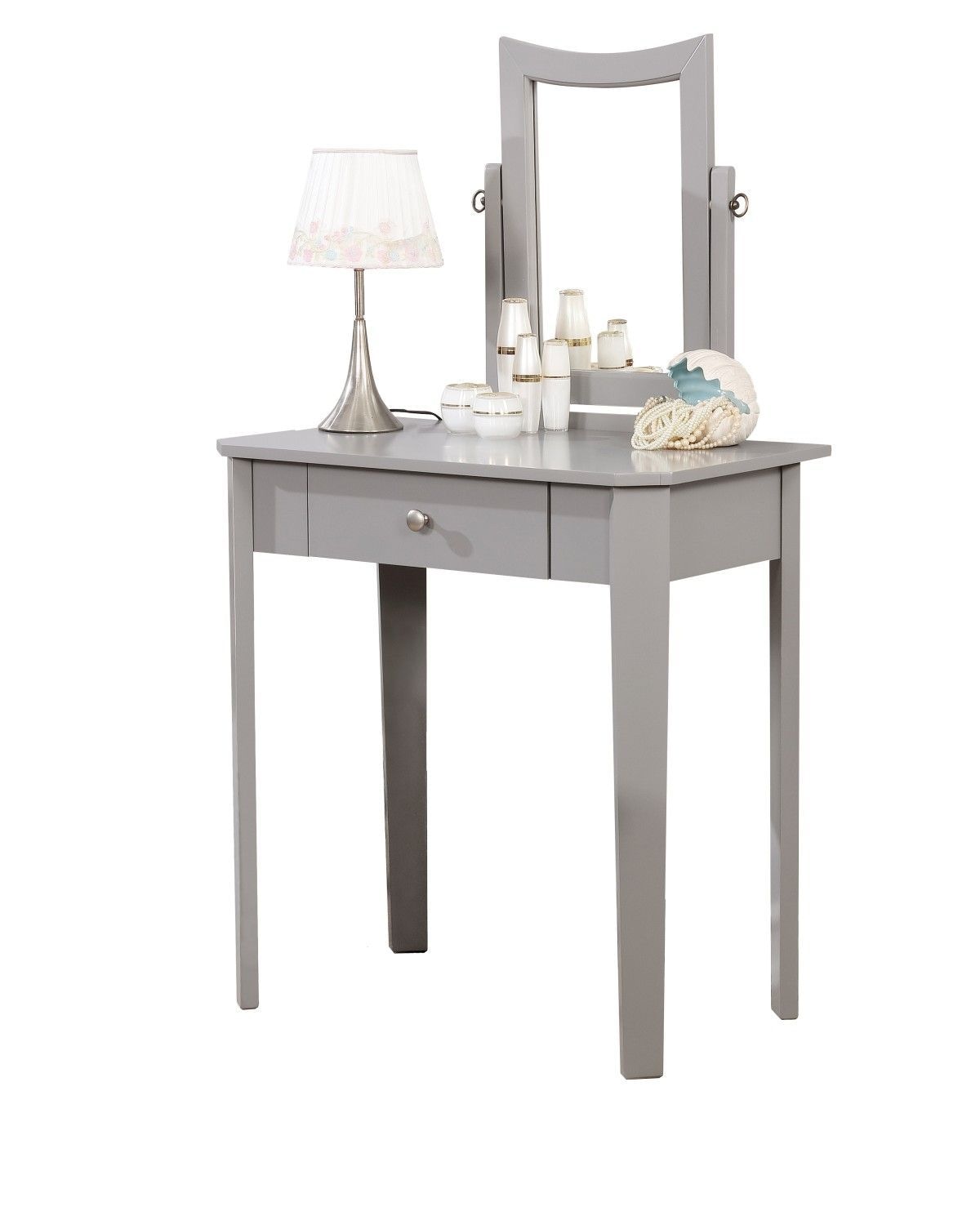 Cece 1-Drawer Grey Dressing Table Makeup Vanity Set with Stool and Mirror
