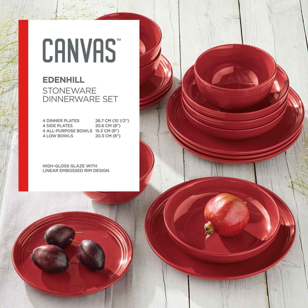 CANVAS Edenhill Farmhouse Bistro Stoneware Dinnerware Set, Serves 4, 16-pc, Red