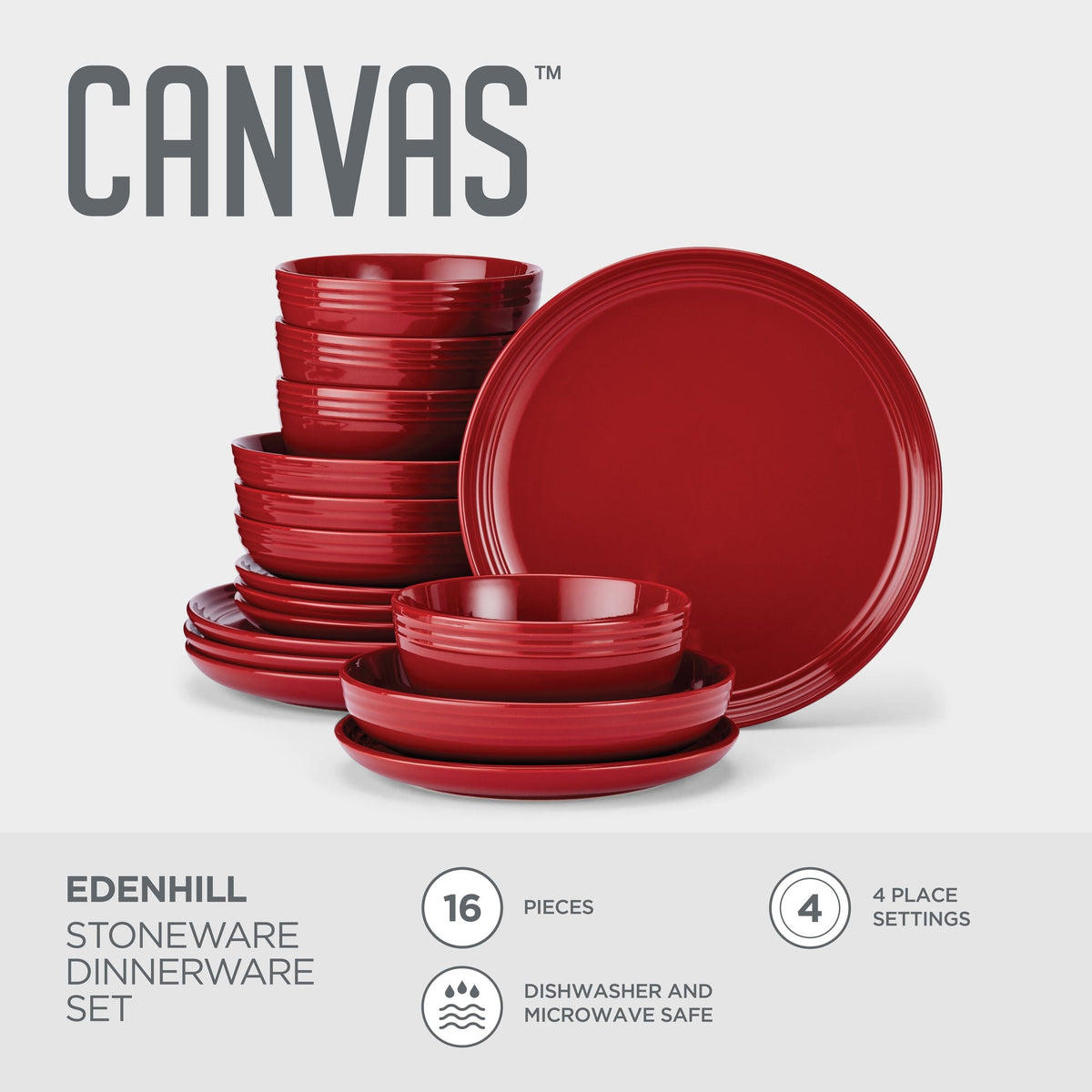 CANVAS Edenhill Farmhouse Bistro Stoneware Dinnerware Set, Serves 4, 16-pc, Red