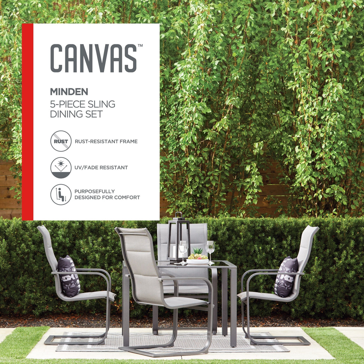 CANVAS Minden Steel Outdoor Patio Dining Set with Glass Top Table, Grey, 5-pc