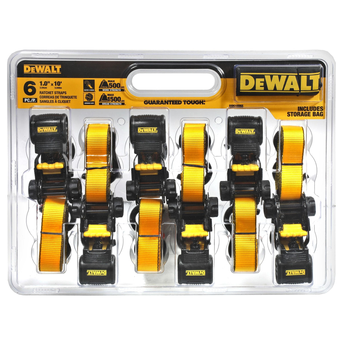 DXBC15006X 1,500-lb Ratchet Tie-Down, with Storage Bag, 1-in x 10-ft, 6-pk, Yellow