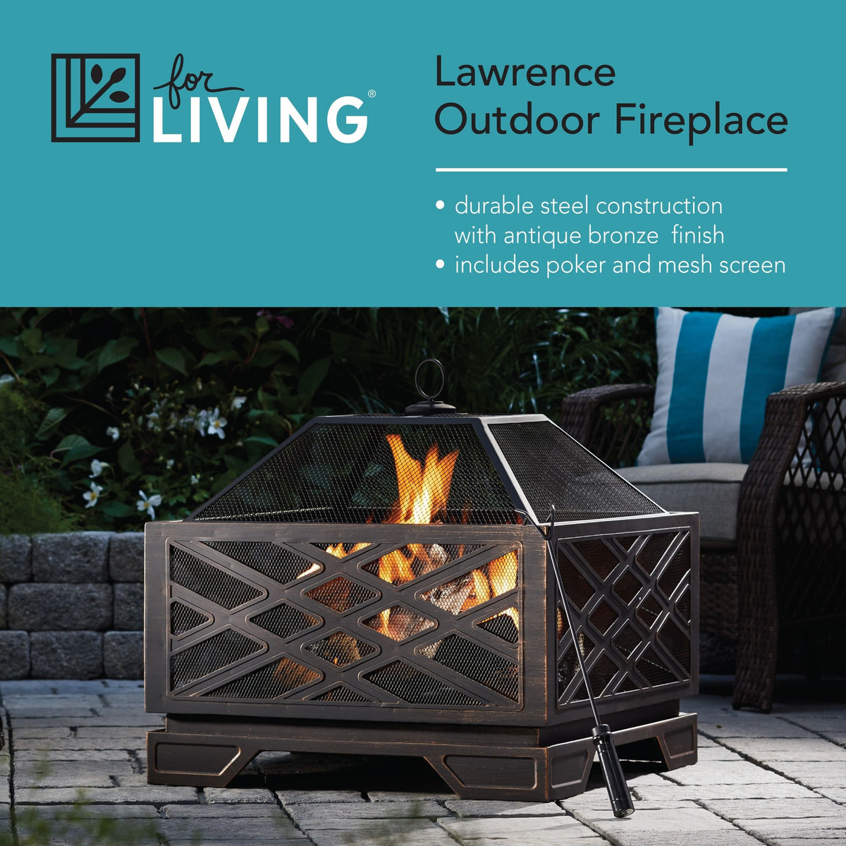 Lawrence Steel Outdoor Wood Burning Fire Pit with Fireplace Poker, 25 x 25 x 26-in
