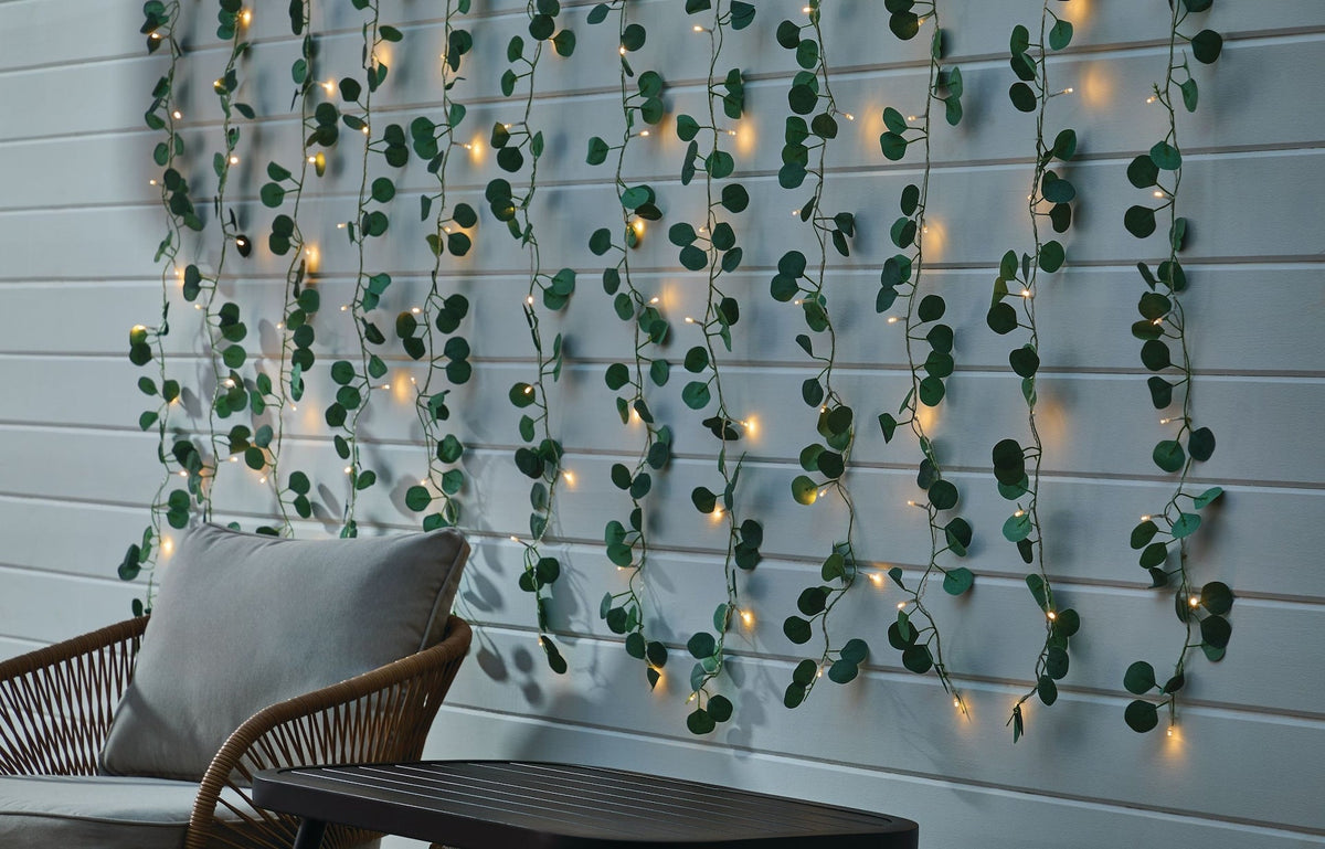Outdoor 12-Strand Warm White LED Curtain String Lights with Eucalyptus Leaves, 11.48-ft