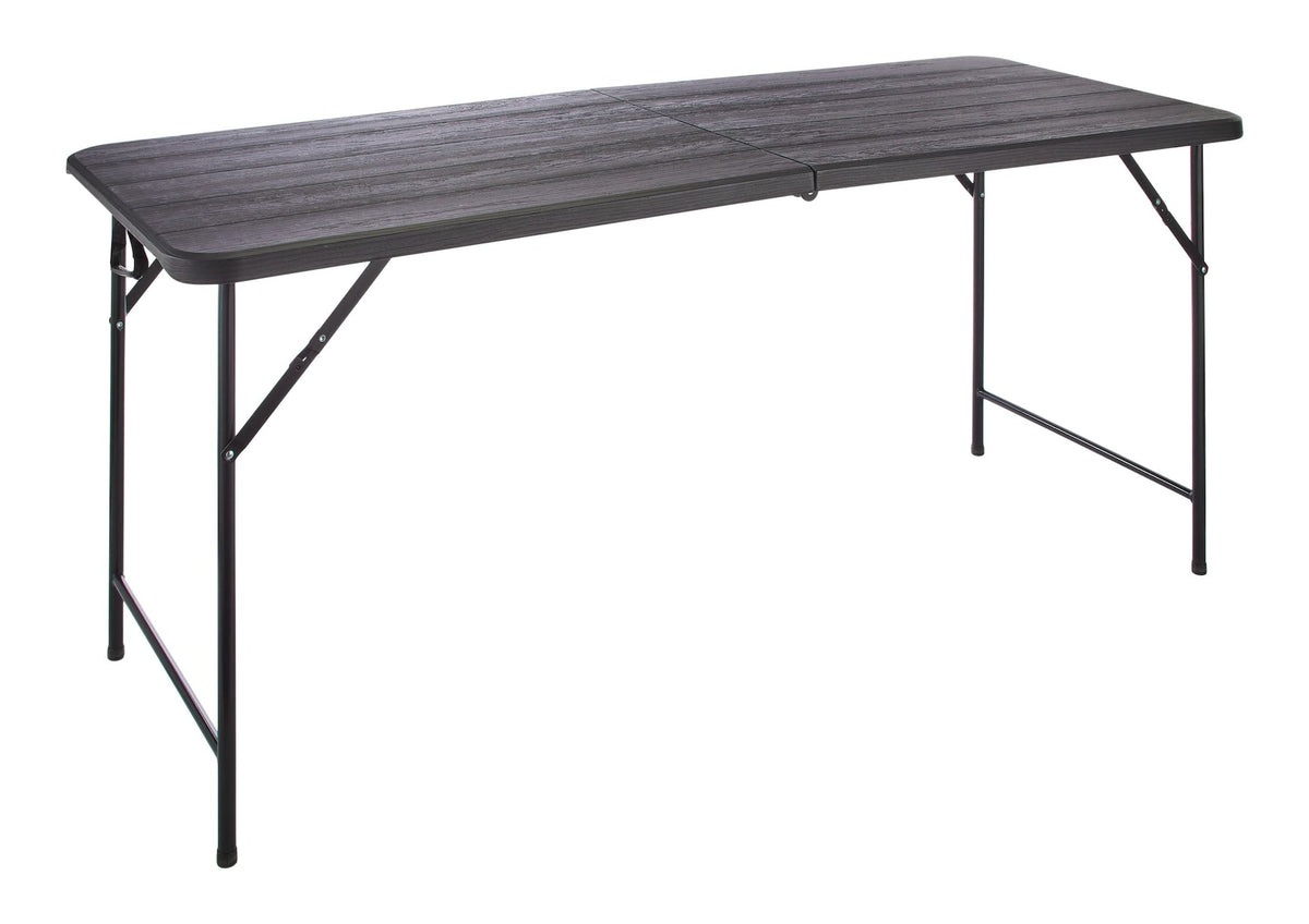Woodgrain Folding Table, Plastic/Steel, Black, 6-ft