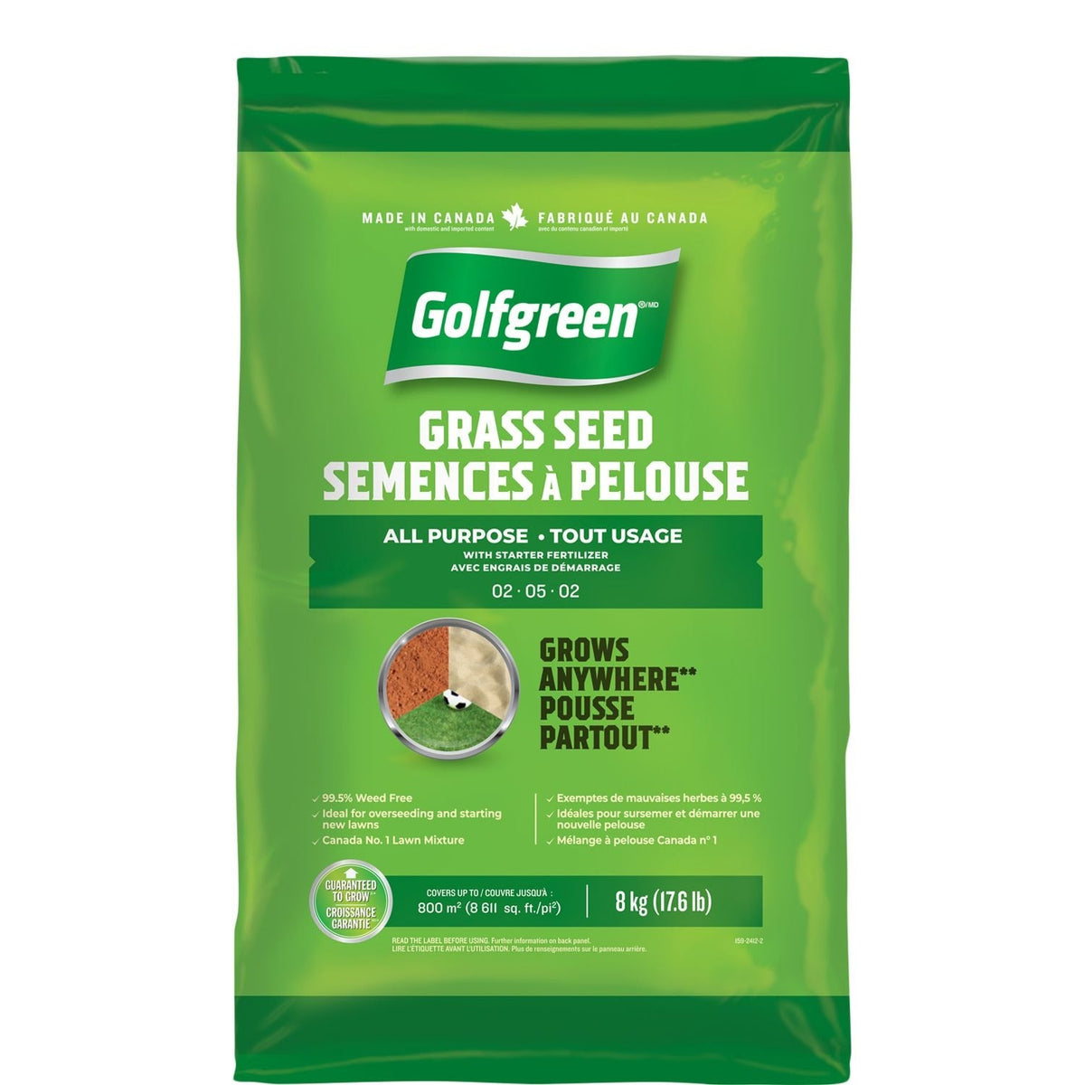 All Purpose Grass Seed with Starter Fertilizer, Weed-Free, 2-5-2, 8kg