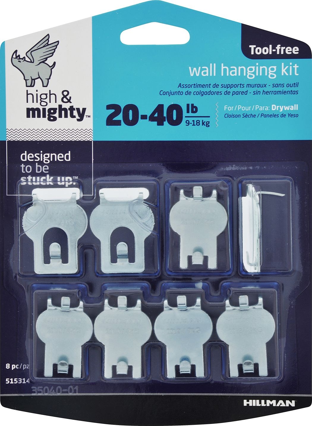 DrywAll Hanger, For Hanging Frames, No Tools Required, 40-lb Capacity, Silver, 8-pk