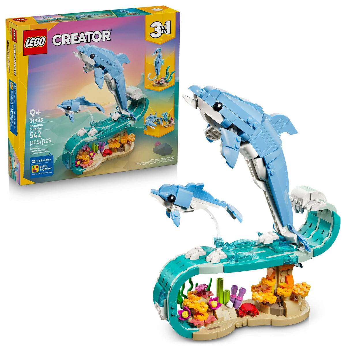 Creator 3-in-1 Sea Animals: Beautiful Dolphins Toy Building Set - 31385, 542-pcs, Ages 9+