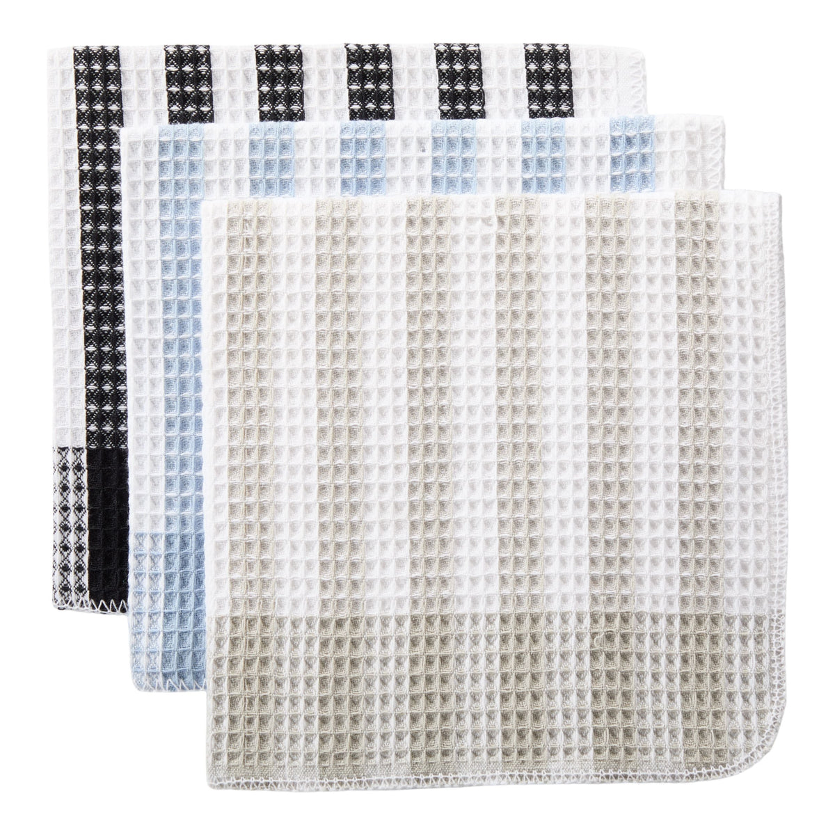 Waffle Checkered Cotton Dish Cloths, Black, Grey & Blue, 14-in, 12-pk