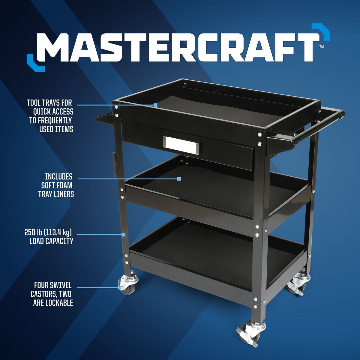3-Tier Work Cart with Swivel Casters, 250-lb