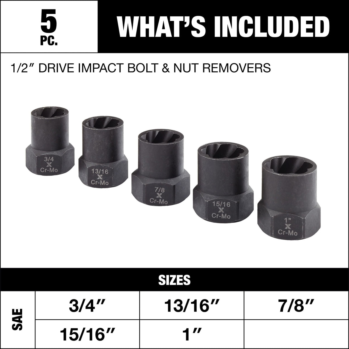 MAXIMUM 1/2-in Drive Impact Bolt & Nut Remover Set, 5-pc