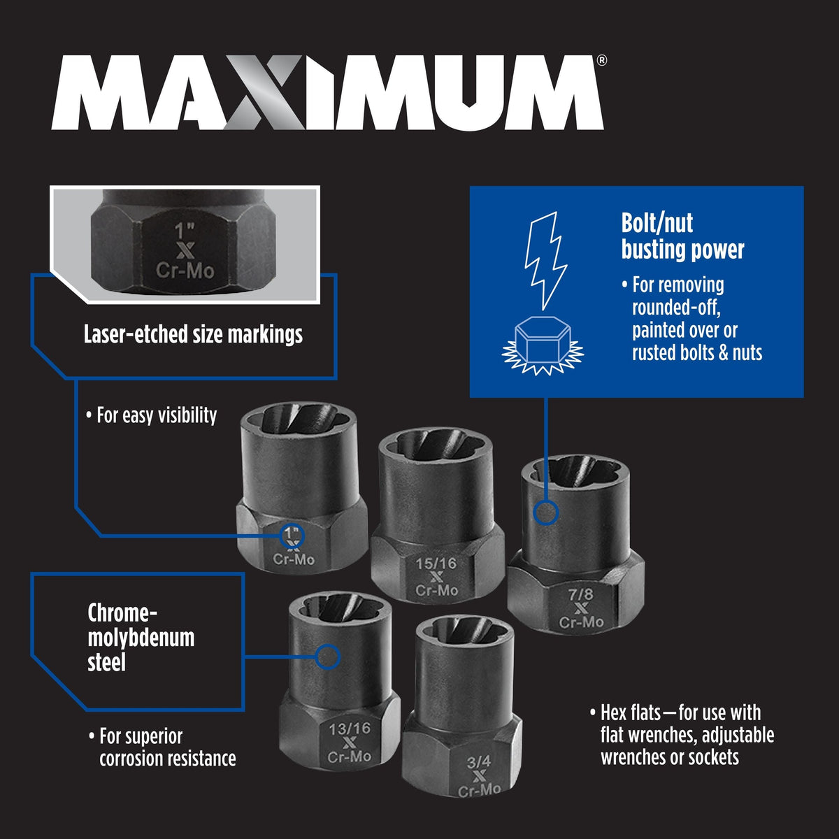 MAXIMUM 1/2-in Drive Impact Bolt & Nut Remover Set, 5-pc