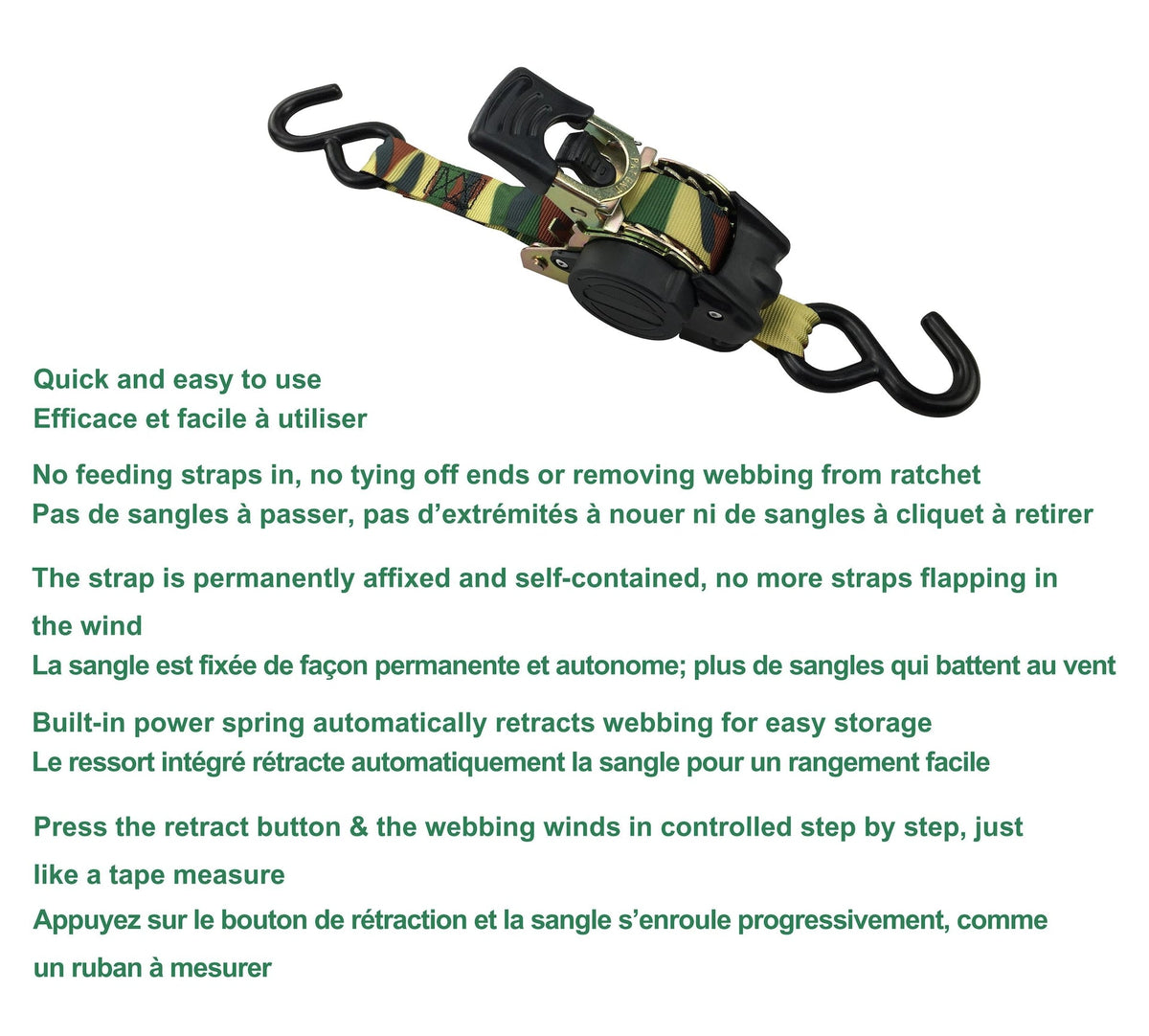 1,200-lb Retractable Camo Ratchet Tie Down Straps, 1-in x 10-ft, 2-pk