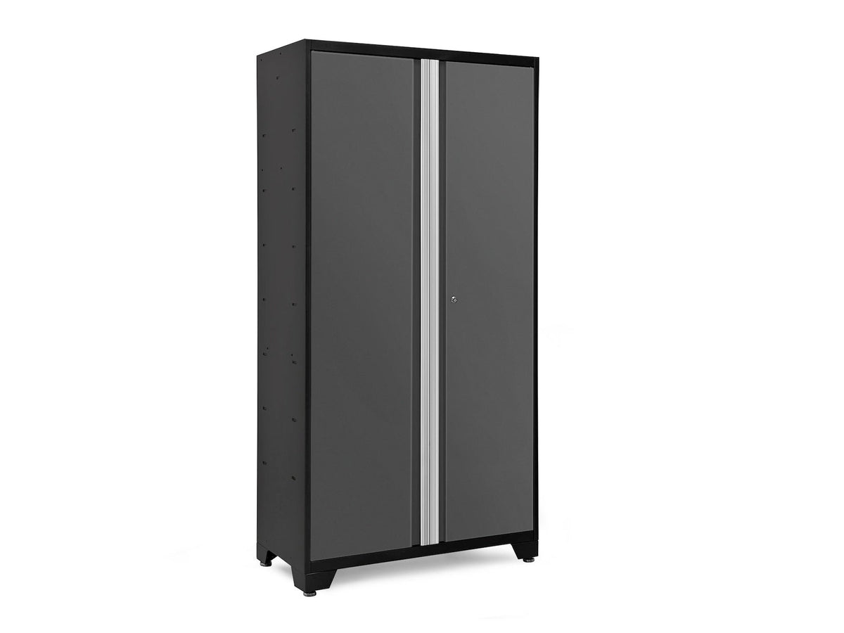 Bold Series Lockable 24-Gauge Steel RTA Storage Locker with 3 Shelves, Grey/Black, 42-in
