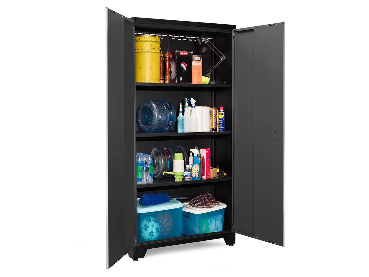 Bold Series Lockable 24-Gauge Steel RTA Storage Locker with 3 Shelves, Grey/Black, 42-in