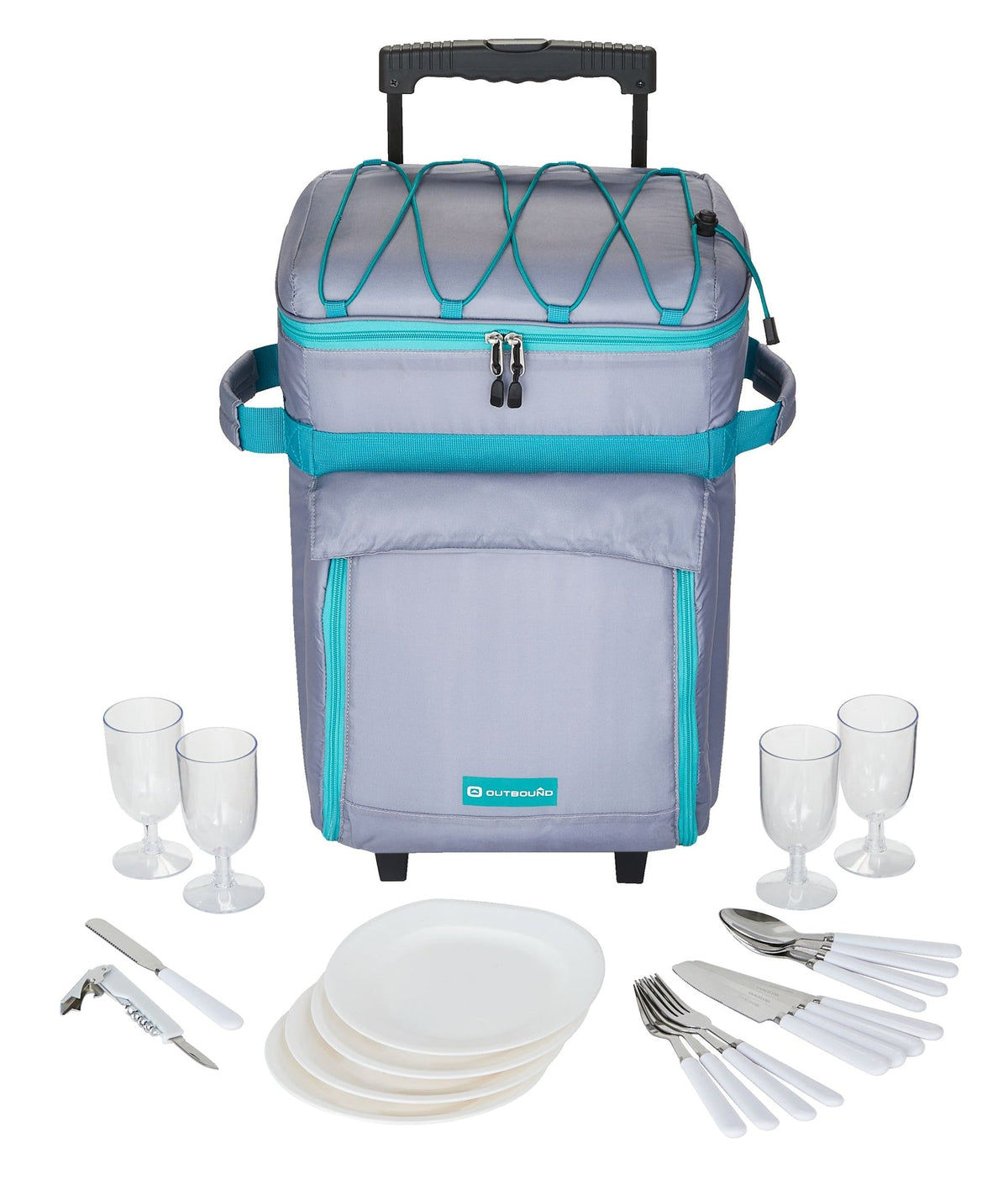 Outbound Wheeled Picnic Cooler with 21-Piece Cutlery/Plate Set, 18-Can