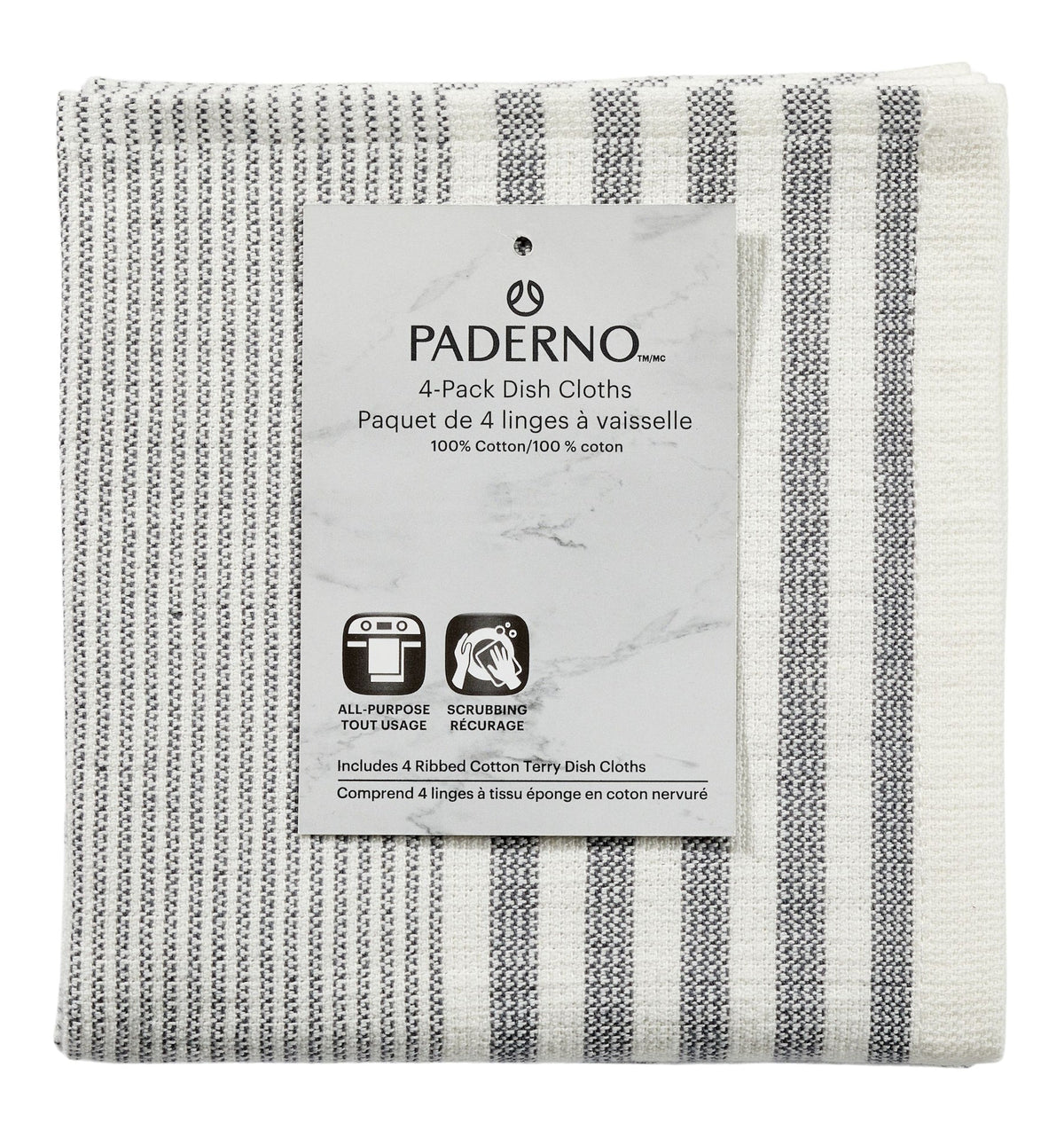 All-Purpose Striped Cotton Terry Square Dish Cloths, Grey, 4-pk
