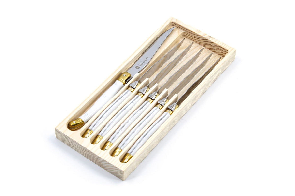 Laguiole Steak Knife Set, White/Gold, 6-pc
