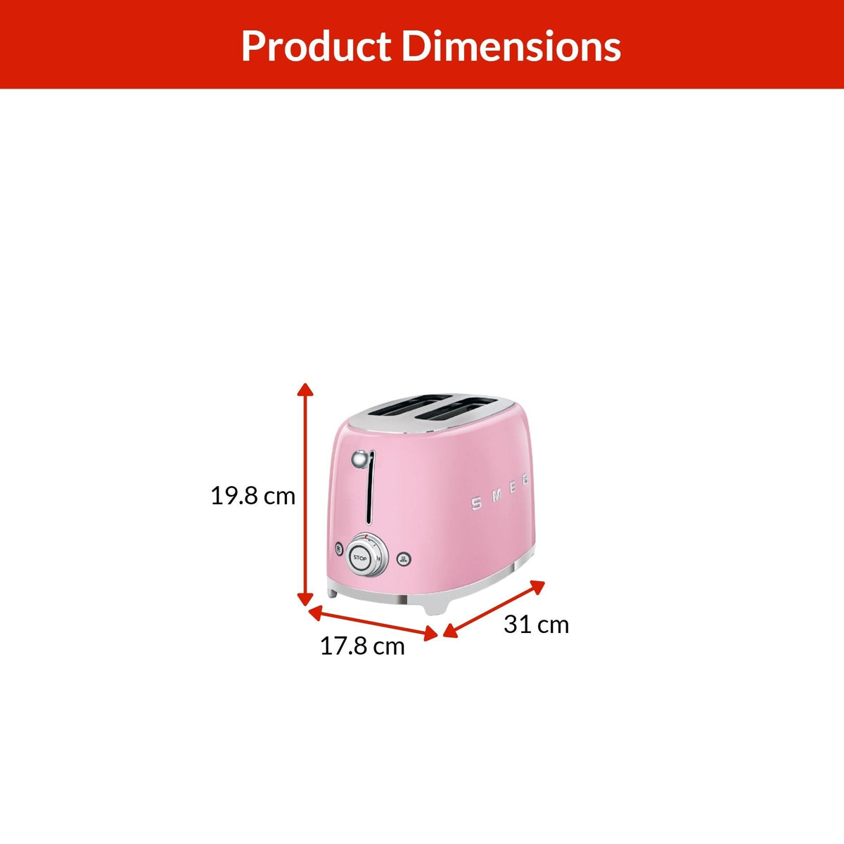 50's Retro Style Wide Slot Pop Up Electric Toaster with 6 Settings, 2-Slice, Pink