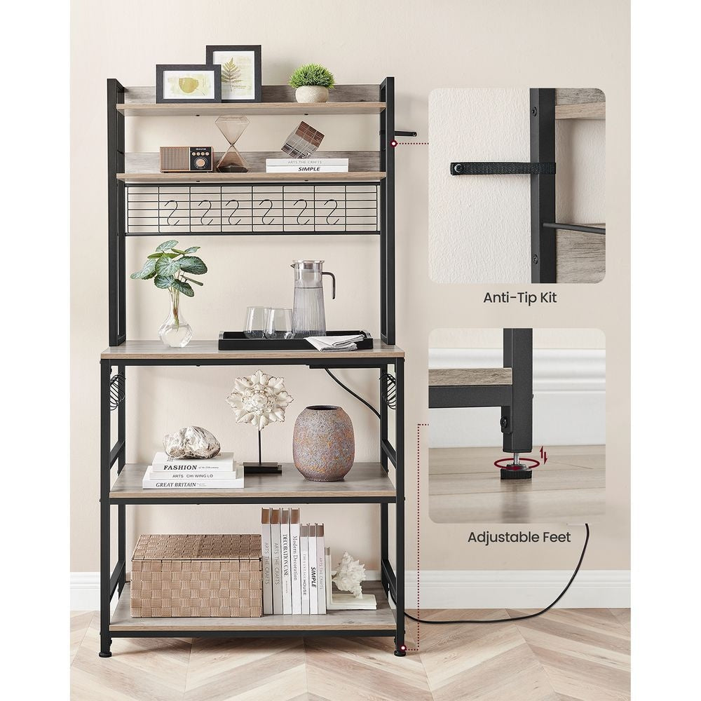 Home 5-Shelf Grey Baker's Rack with 4 AC Outlets