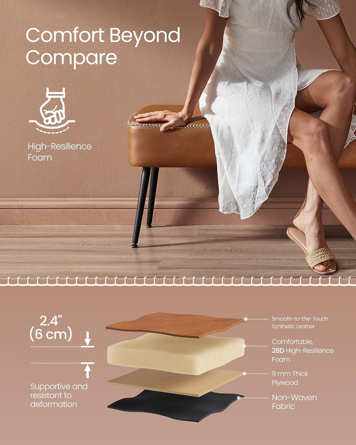 Home EKHO Collection Caramel Brown Synthetic Leather Bench