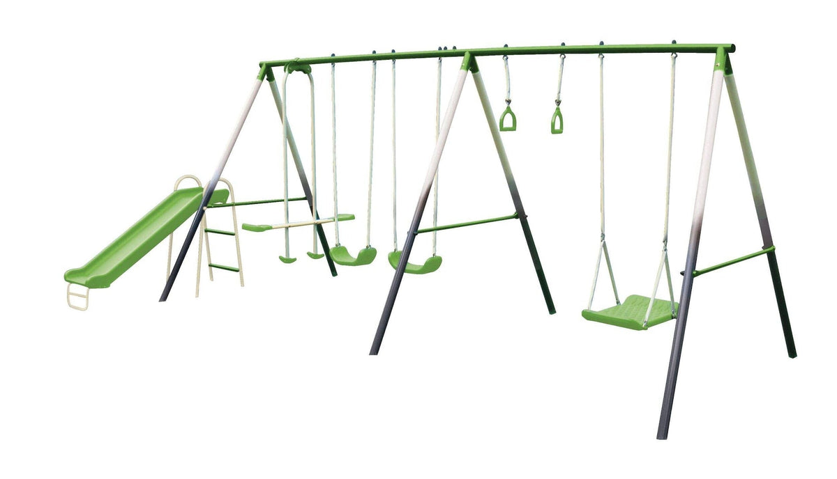 Outdoor 7-Station Metal Swing Set Combo with 2 Swings, Trapeze & More, Ages 3+