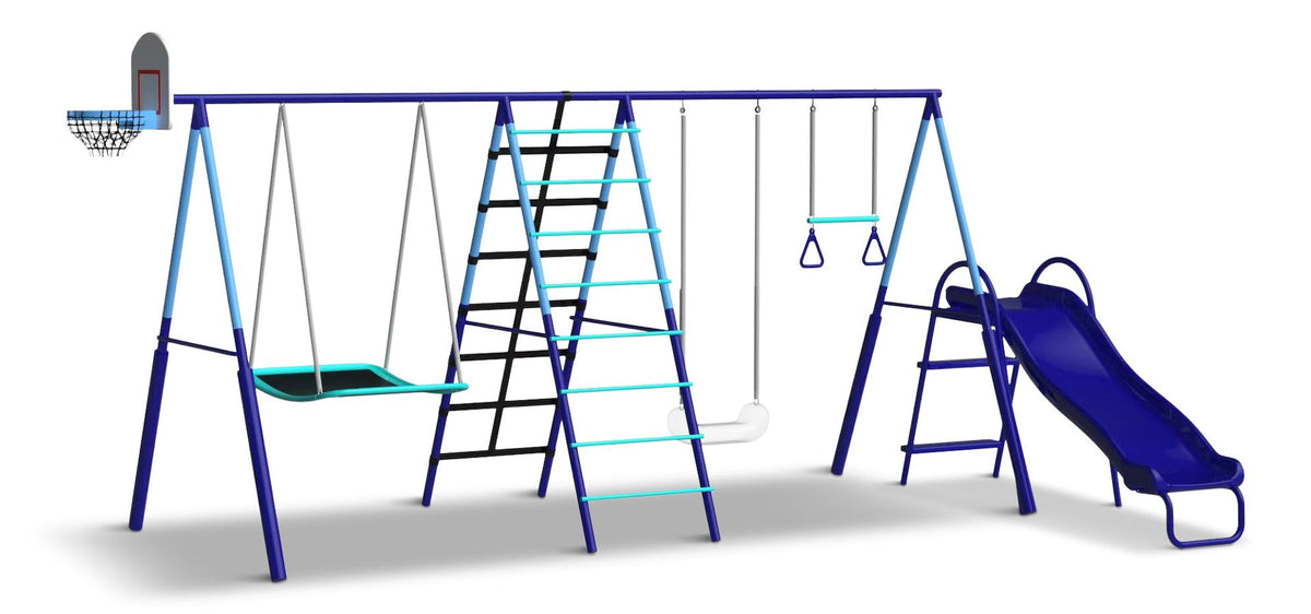 Sunset Slam Kids' 7-Station LED Metal Swing Set Combo with Basketball Hoop & Slide