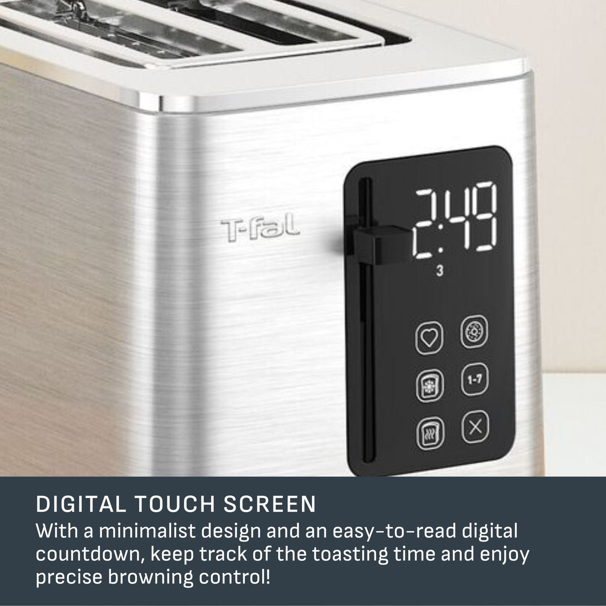 2-Slice Stainless Steel Digital Toaster, Extra wide slots, 7 Browning levels