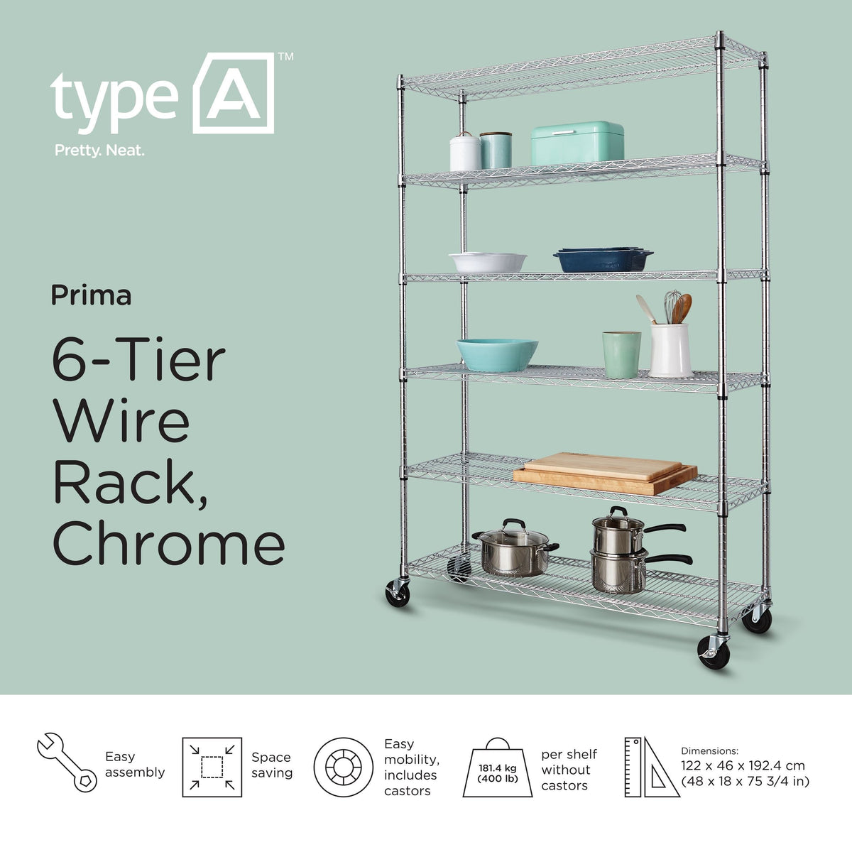 type A Metal 6-Tier Adjustable Wire Shelving Storage Unit with Wheels, Heavy Duty Stackable Storage Box with Lid, 102-L, Black/Blue,...