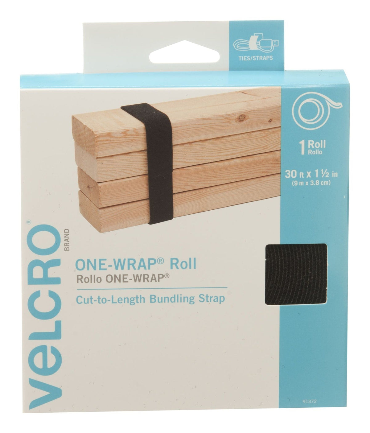 Hook-and-loop ONE-WRAP Adjustable Reusable Hook-and-loop Hook and Loop Strap, Black Roll, 30-ft x 1-1/2-in, 1-pk