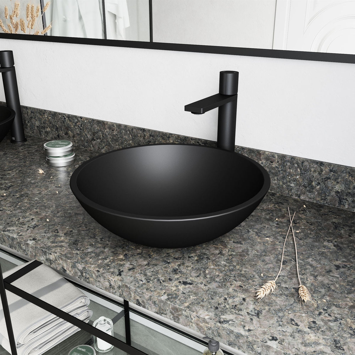 Cavalli Matte Black Bathroom Sink/Basin Set with Gotham Faucet and Round Glass Vessel