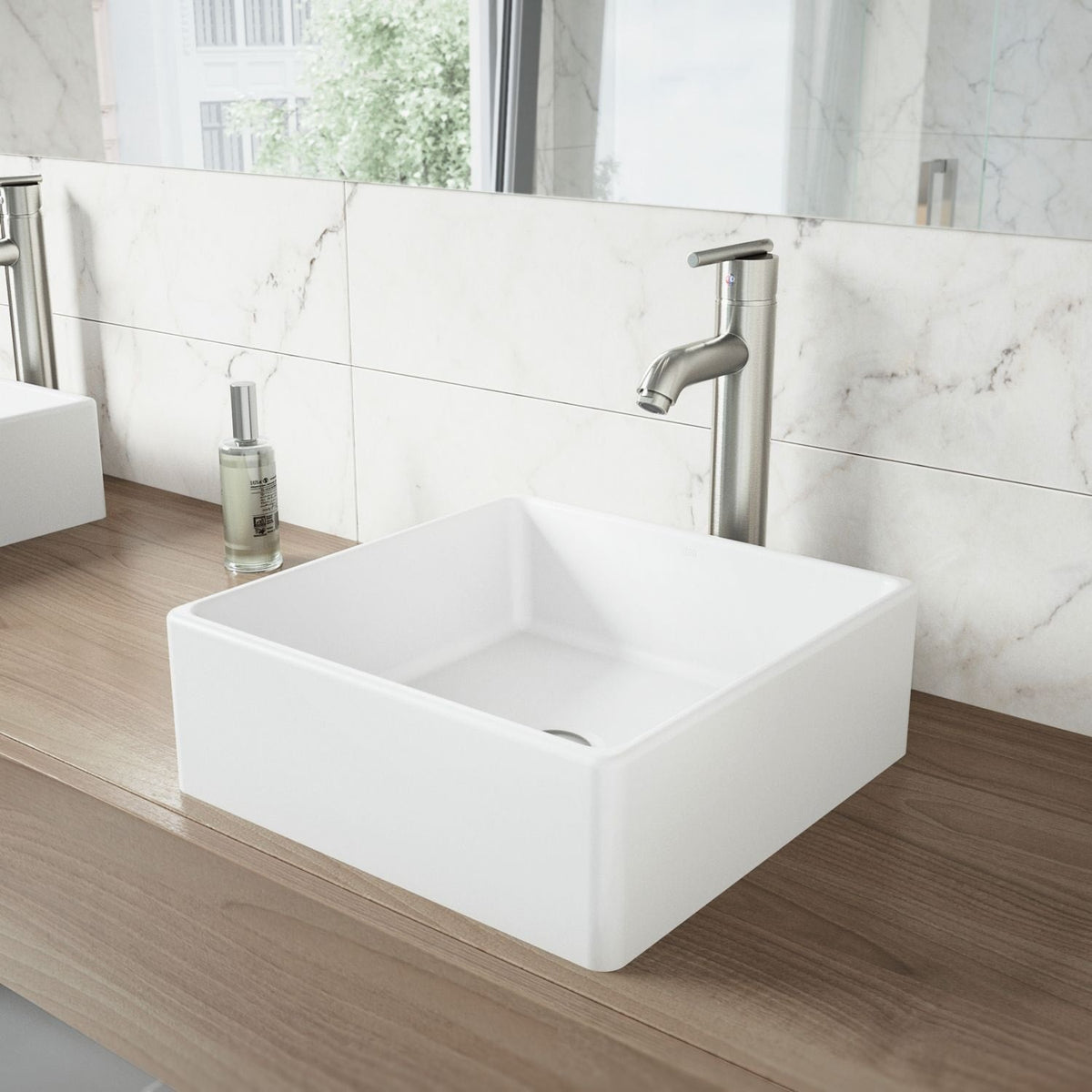Dianthus Matte Stone Square Vessel Bathroom Sink, Above-Counter Installation, White