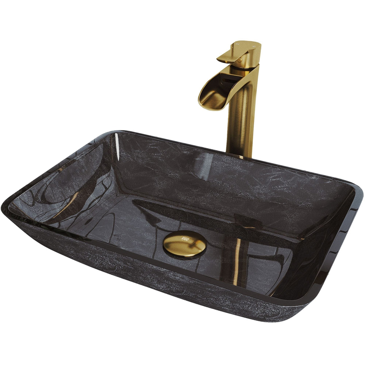 Glass Grey Onyx Bathroom Sink/Basin Set with Matte Gold Niko Faucet and Rectangular Vessel