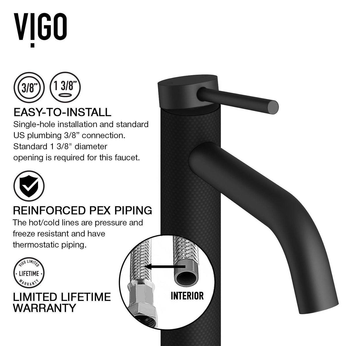 Lexington Single Handle Vessel Sink Bathroom Faucet with cFiber Body, Matte Black