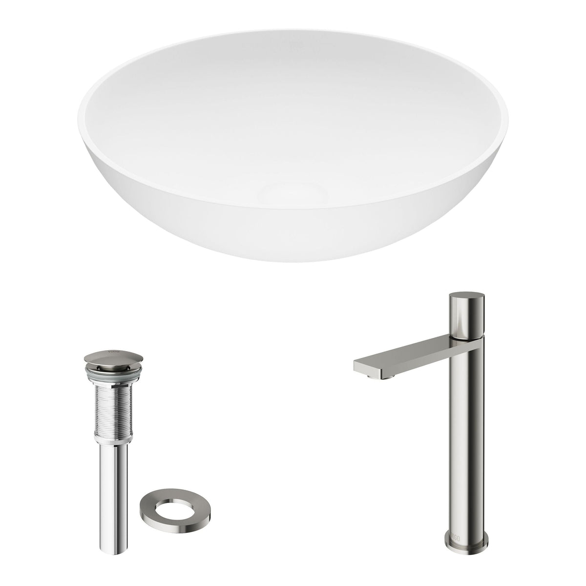 Lotus White Bathroom Sink/Basin Set with Gotham Faucet and Round Composite Vessel